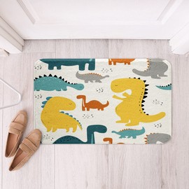 Feelyou Cartoon Dinosaur Kids Bathroom Rugs Cute 3D Digital Print Bath Mats for Bathroom Decor Jungle Dino Btah Rugs for Shower Tub Wild Animal Pattern Yellow Blue Bathroom Accossories Twin