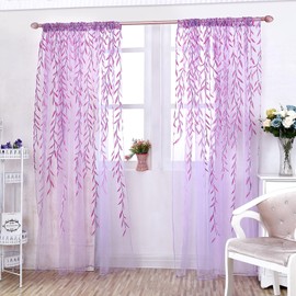 Ufurty 2 Pieces Willow Leaf Window Curtain Voile Tulle Room Salix Leaf Sheer Vine Curtain Voile Panel Drapes Curtain Purple Willow Leaf Curtain for Living Room, Bedroom, Balcony