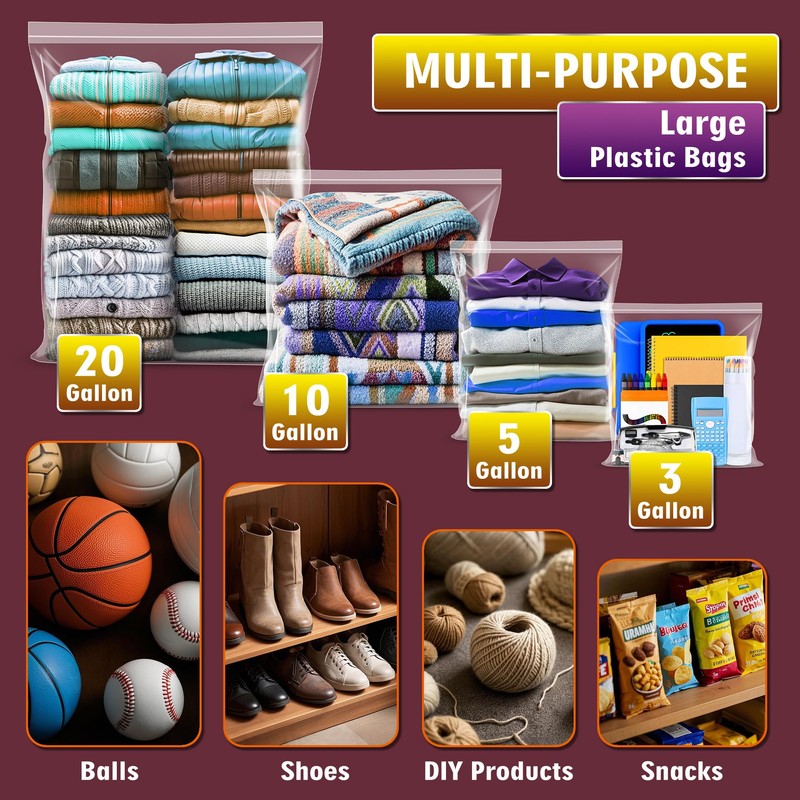 Extra Large 5 Gallon Zippered Plastic Bags for Storage- 18''