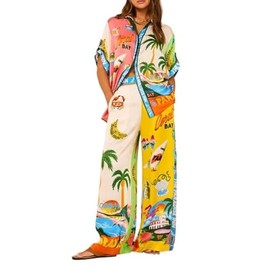 UEHCNFU Women's Summer Print Two Piece Pajama Set Short Sleeve Outfits Button Down Tops Drawstring Long Pants Sleepwear Sets (E,Large)