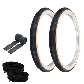 OG Lowrider Pair of Bicycle Wire Bead TIRE in 24 x 2.125 Black/White W/Yellow Line Brick Tread (2) Tires W/Heavy Duty Tubes & Rim Strips G-5009