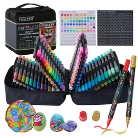 FEGLEEN 120 Colors Acrylic Paint Markers,Dual Tip Acrylic Marker Set With Fine Tip and Brush Tip Contain Metallic,Glitter,Neon,Morandi,Skin Tone Series for Rock Painting,Egg,Wood,Glass,Fabric,Crafts