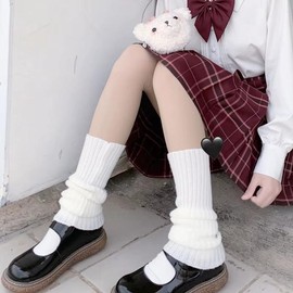 Lolita Leg Warmers Japanese JK Uniform Long Socks Korean Style Leggings Knitted Pile up Knee Socks Y2K Foot Warming Cover - Color: White, Size: One Size