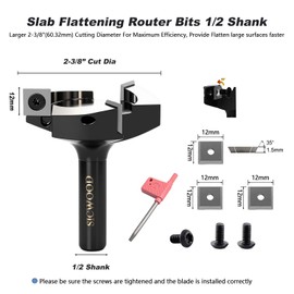 SICWOOD Slab Flattening Router Bits 1/2 Shank, 2-3/8" Cut Diameter, 12*12*1.5mm Carbide Insert, for CNC Spoilboard Surfacing/Planing/Flycutter/ Slab Leveler/Rabbeting