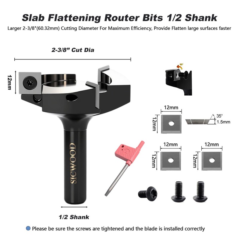 SICWOOD Slab Flattening Router Bits 1/2 Shank, 2-3/8" Cut Diameter,