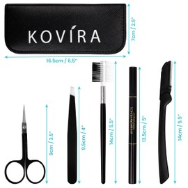 Kovira 5-Piece Eyebrow Set with Black Case - Stainless Steel Scissors, Eyebrow Brush, Shaper, Pen & Tweezers Eyebrow Plucking - For Shaping, Trimming & Eyelash Extension - For Men & Women