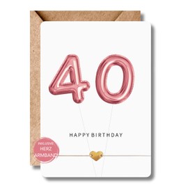 LeniSch Geburtstagskarte 40 Jahre inkl. Herz Armband 18K vergoldet | Happy Birthday Karte mit Zahlen Luftballons