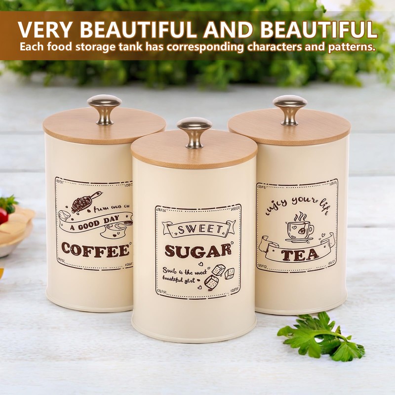 UKQRRTC 3 Pack Metal Coffee Sugar Tea Canister Set, Large