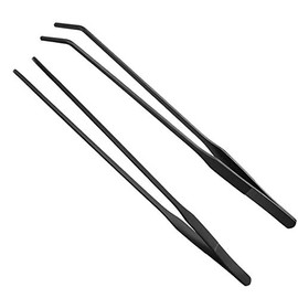 HRASY Black Aquarium Tweezers Set Stainless Steel Straight and Curved Tweezers Long Handle Reptile Feeding Tongs for Fish Tank Aquatic Plants, Pack of 2, 10.6 Inch