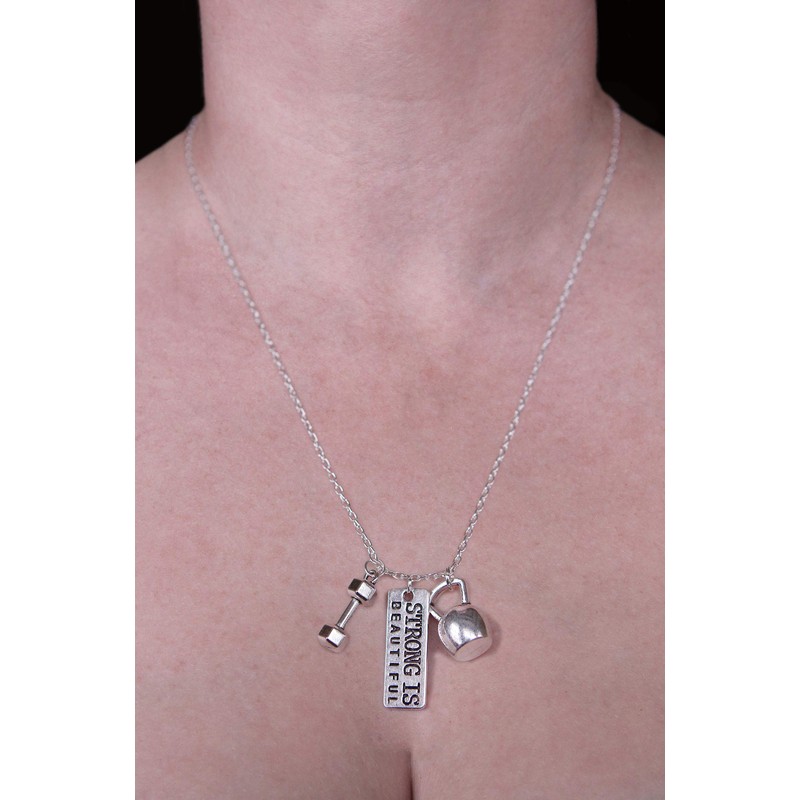 Art Attack Strong Is Beautiful Workout Gym Necklace, Barbell Dumbbell