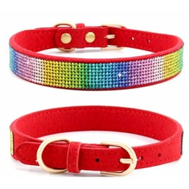 Haoyueer Rhinestone Dog Collar, Cute Dazzling Sparkling Soft Suede Leather Dog Cat Rhinestone Collar Crystal Diamond Pet Dog Puppy Collar (XXS, Red-3)