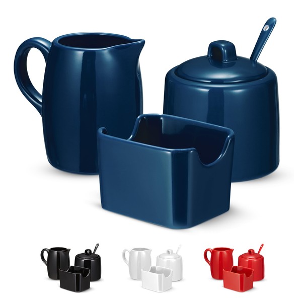 Kook Sugar and Creamer Set, 3 Piece, Pitcher, Sugar Bowl with Lid and Spoon, Sweetener Holder (Navy)