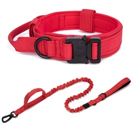 Tactical Dog Seat Belt, Red Tactical Dog Collar and Leash Set, Heavy Duty No Pull Military Pet Leashes with Car Seatbelt Buckle and 2 Handle