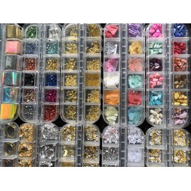 Almmy.6 Nail Parts, Large Capacity Type, Nail Art Shell, Metal Parts, Wire, Foil, Aurora Film, Coarse Stone, Universe/Summer, Aurora Film, Metal Grains (Type C (10 Types))