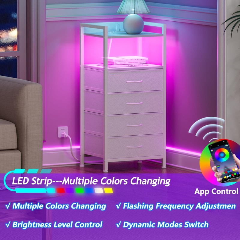 Furnulem White Nightstand with Charging Station, Night Stand Side Table