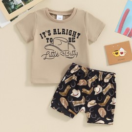 Western Toddler Baby Boy Clothes Its Alright to be Little Bitty Outfits T Shirt Top Shorts Set Cowboy Summer Outfit (Coffee, 12-18 Months)