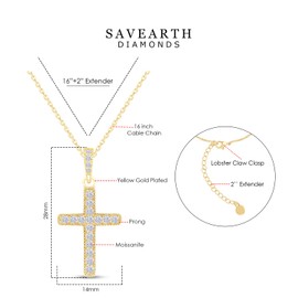 18K Gold Plated Moissanite Cross Necklace | 0.36 Ctw Moissanite Diamond Jesus Christian Religious Crucifix Pendant Necklace for Men Women | 16"+2” Adjustable Chain, Yellow Gold, moissanite