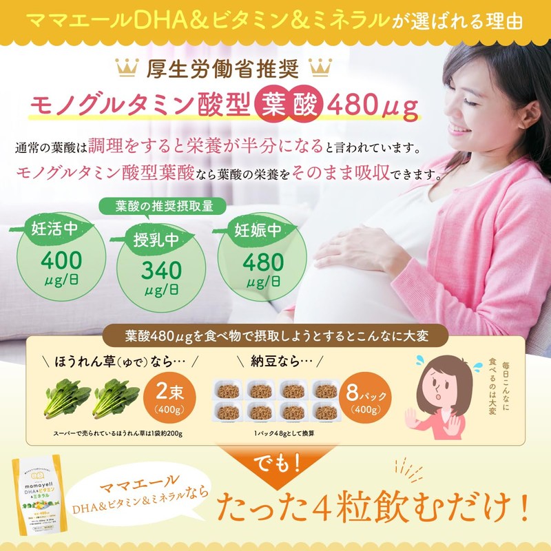 ママエールDHA＆ビタミン＆ミネラル 葉酸 高配合 480μg 妊婦 妊娠 産後 サプリメント DHA 8種類のビタミン