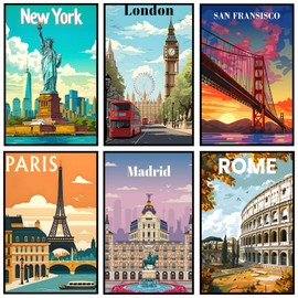 CHWGLFGG Travel City Paint by Numbers Kit for Adults Beginner, 6 Pack Adult Paint by Number Kits on Canvas, DIY Acrylic Oil Painting by Numbers for Home Wall Decor 8X12 inch (Without Frame)