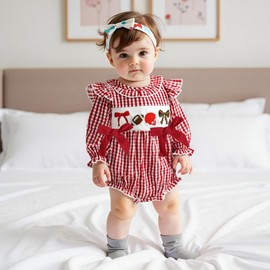Santikisler Newborn Infant Baby Girl Outfit Fall Football Long Sleeve Romper Bodysuit Ruffled Plaid Bubble Clothes (Red, 12-18 Months)