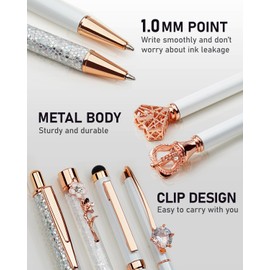 WEMATE 8PCS White Ballpoint Pens Set Metal Crystal Diamond Pen Fancy Pen for Journaling in Black & Blue Ink Pretty Cute Pens with Gifts Box for Women Girls Wedding Office Desk Supplies