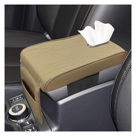 Car Center Console Cover, Leather Memory Foam Car Armrest Storage Box with Pocket & Tissue Box, Comfortable Middle Console Cover, Waterproof Vehicle Organizer for Cars, SUVs, Trucks (Beige)
