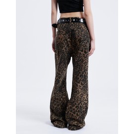 Aelfric Eden Leopard Print Jeans for Women Cheetah Print Pants Straight Leg Denim(A Size 1-2 Larger is Recommended)