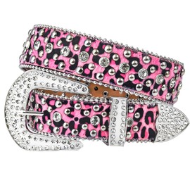Vxrxal Rhinestone Belt Leopard Print Belt Bling Belts For Women Luxury BB Belt Y2K Cowgirl Belts for Jeans, Festival Gifts Belt (leopard pink, S:fits waist size 28''-30'')