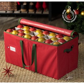 Poxela Christmas Ornament Storage Box 128 Capacity - Durable Tear-Proof Fabric Organizer with Adjustable Dividers & Dual Zipper for 3 Inch Christmas Ornament Storage, Red Large Ornament Storage Box