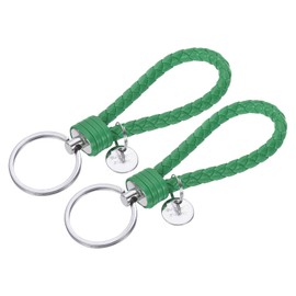 YOKIVE 2 Pcs Braided Leather Keychains with Stainless Steel Key Ring Sleeve, Home PU Keys Ring Woven Decorating Lanyard Straps for Bags Wallets (Green)