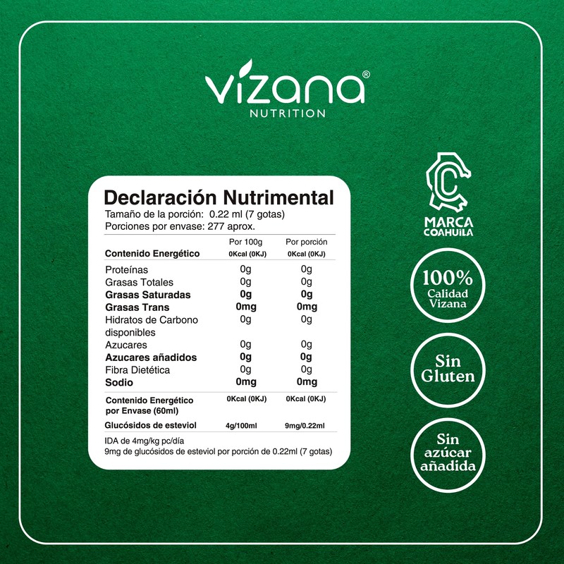 VIZANA NUTRITION | Stevia Liquida Orgánica Certificada USDA 60 ml
