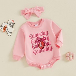 BemeyourBBs Newborn Baby Girl Football Clothes Bubble Romper Sweatshirt Romper Fall Cute One Piece Outfit (Game Day Pink, 0-3 Months)