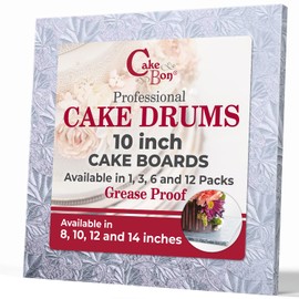 Cakebon Cake Boards Square - Sturdy 1/2 Inch Thick Drums - 10 Inch Professionally Wrapped Edges Silver 3-Pack