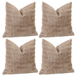Sungeek Set of 4 Soft Corduroy Decorative Cushion Covers 40x40cm Square Striped Throw Pillow Covers 16x16 Inch for Sofa Couch Living Room Patio Farmhouse Boho Home Decor Pillowcases (Khaki)