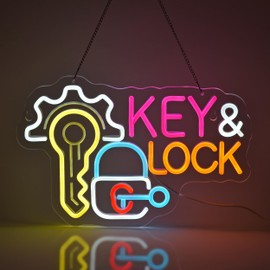 JULHOVR Key Lock Neon Sign, Neon Lights Hanging Wall Art Decoration for Business Locksmith Shop Security Store Car Dealership Rental Home Decor, USB Powered Ultra Bright Dimmable,15.35×10.2inches