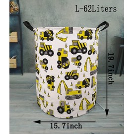 KUNRO Large Sized Round Storage Basket Waterproof Coating Organizer Bin Laundry Hamper for Nursery Clothes Toys (Excavator)