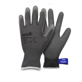 wolk Work Gloves – Size: 9 – Quantity: 108 Pairs – PU Coating – Fine Knit Gloves – Colour: Grey – Protective Glove – Assembly Glove