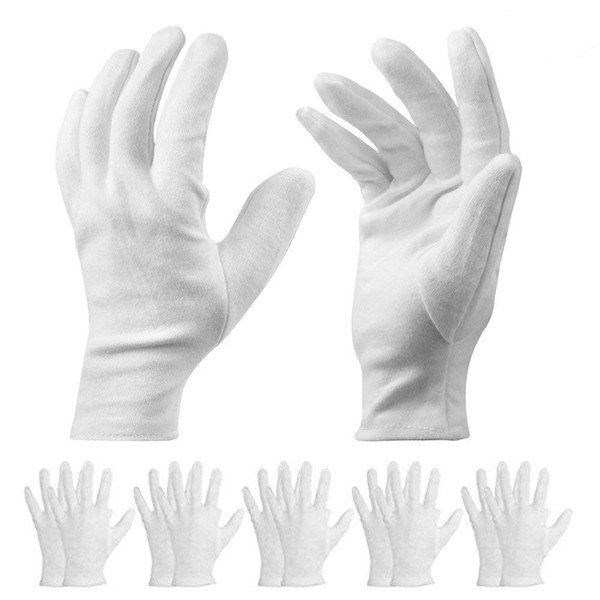 White Cotton Gloves Large for Moisturizing Dry Hands Eczema, Overnight Lotion Spa, 10 Pairs Jewelry Inspection Work Gloves for Men and Women
