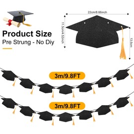 Graduation Decorations 2025 - Black Glitter Class of 2025 Grad Banner, 9.8 FT Pre-Strung with Real Gold Tassels, 14 PCS Double-Sided Cap Garland, No DIY Party Supplies for Indoor & Outdoor Use