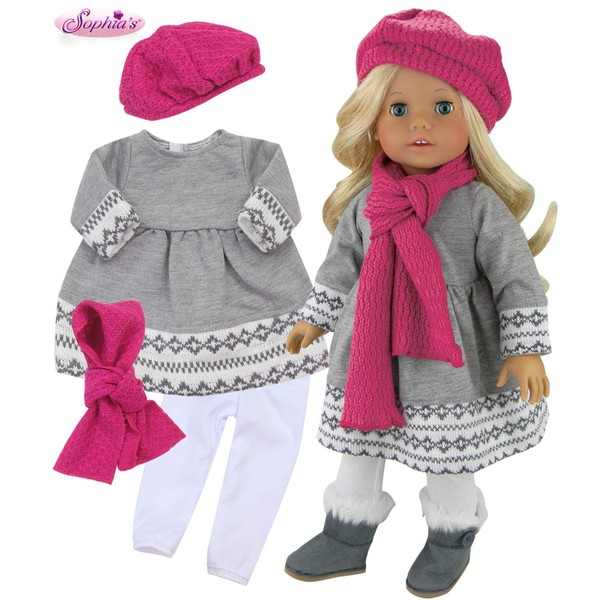 Doll Clothes 4 Pc. Outfit fit for 18 Inch American Girl Dolls & More! Grey Fair Isle Style Doll Sweater Dress, Leggings, Scarf & Doll Pink Hat| Doll Sold Separately