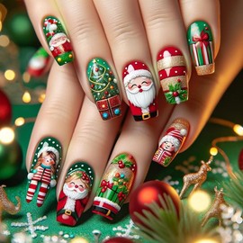 Christmas Press on Nails Square Medium Glue on Nails Glossy Fake Nails Red Green Cute Acrylic False Nails with Santa Claus Christmas Tree Designs Winter Xmas Stick on Nails for Women and Girls 24PCS