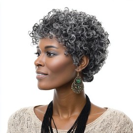 DOcute Short Gray Wigs For Women Grey Curly Wig Salt And Pepper Curly Bob Curly Glueless Wig Short Hair Afro Wigs For Black Women Black Wig（Black And Gray）