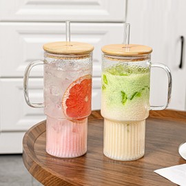 MINGHYZYA 32oz Glass Cups with Handle & Bamboo Lids and Straws, Borosilicate Glass Tumblers for Iced Coffee, Smoothies, Fruit Drinks. Reuseable Glasses Cups for Cold/Hot Water (Bamboo Lid 1 pack)