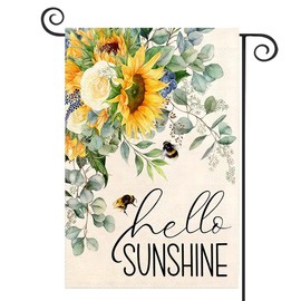 DMERBYL Hello Sunshine Sunflower Garden Flag Double Sided 12x18 Inch, Spring Summer Sunflower Eucalyptus Leaves Bee Yard Flag Burlap Vertical Seasonal Farmhouse Yard Outdoor Outside Decoration