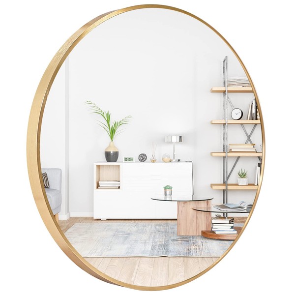 Amgngala Gold Round Mirror 24 Inch, Circle Mirrors with Hooks and Metal Framed, Round Wall Mirror for Bathroom, Bedroom, Entryway, Living Room, Vanity Room and Modern Decor