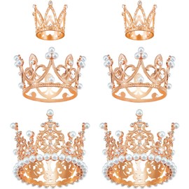 Moxweyeni 6 decoraciones de corona para tartas con perlas artificiales de diamantes de imitación para decoración de cumpleaños, boda, decoración de tartas, fiesta de baby shower (oro rosa)