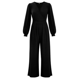 Tanmolo Women's Long Jumpsuit Long Sleeve V-Neck Jumpsuit Elegant Trouser Suit Wide Leg Romper with Pockets, Black-QF33