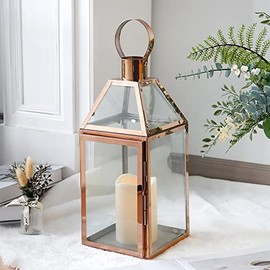 JHY Design Rose Gold Decorative Lanterns 16 inch High Stainless Steel Candle Lanterns with Tempered Glass for Indoor Outdoor Events Parities and Weddings