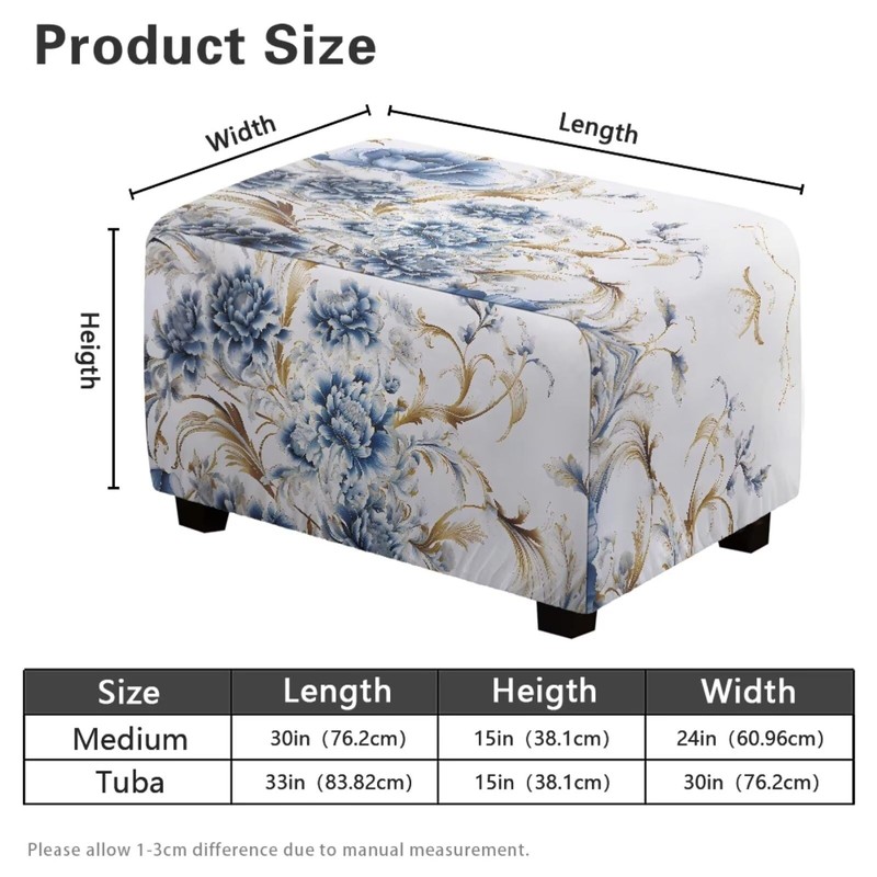 Cugasmaru Blue Flower Ottoman Cover Rectangular Stretch Footrest Stool Cover
