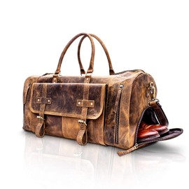 KomalC 24 Inch Leather Duffel Bags for Men and Women Full Grain Leather Travel Overnight Weekend Leather Bags Sports Gym Duffle for Men (Brown Tan with shoe pocket)